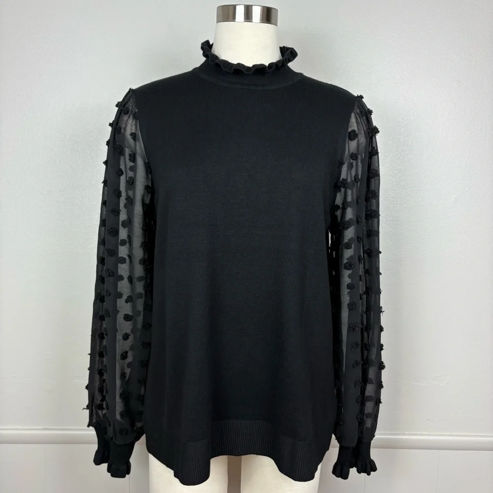 Adrianna Papell Clip Dot Sweater Size L Black‎ Long Illusion Sleeves Holiday